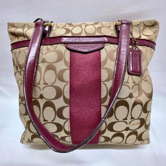 Coach Signature Stripe Shoulder Bag F28504 Patent Leather Trim Tan Raspberry GUC - Picture 16 of 16